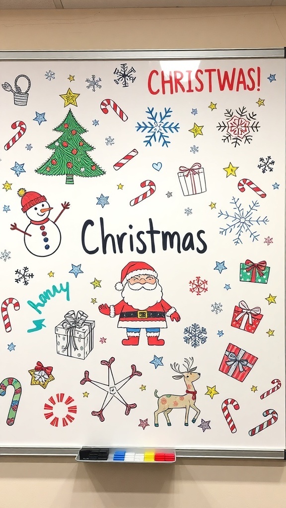 A whiteboard decorated with various Christmas doodles like trees, snowmen, and Santa Claus.